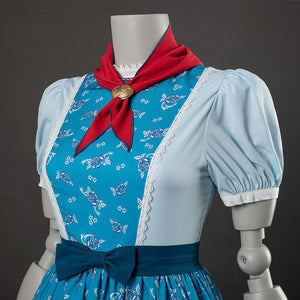 Wheeler cosplay costume torso view with red bow, gold brooch, blue floral bodice, light blue sleeves