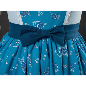 Wheeler cosplay costume waist detail with navy blue bow and blue floral skirt with white lace trim
