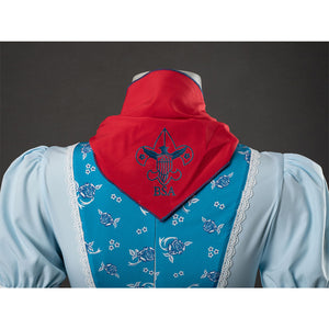 Wheeler cosplay red bow back view with embroidered emblem and blue floral dress bodice