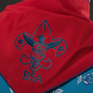 Wheeler cosplay costume red bow close-up detail with blue BSA emblem embroidery