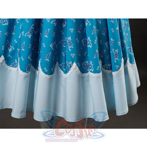 Wheeler cosplay costume skirt hem with blue floral pattern, white lace scalloped trim, light blue edge
