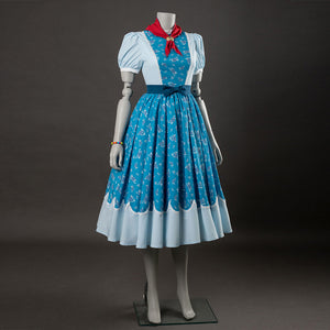 Holly cosplay dress full view, blue floral bodice and skirt with white sleeves, red bow, light hem