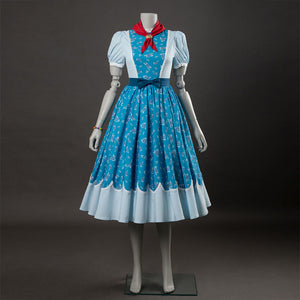 Holly cosplay dress without cloak, blue floral pattern with white sleeves, red bow, light blue hem