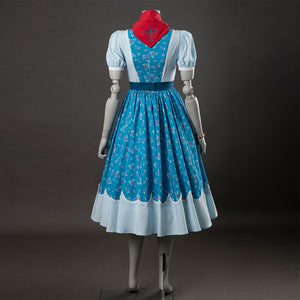 Holly cosplay dress back view, red bow on blue floral bodice, white sleeves, light blue hem