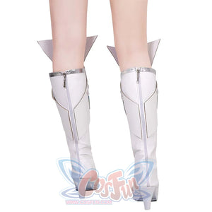 Rear perspective of white high-heeled Emma Frost cosplay boots, showcasing zippers and angular silver accents at the top.