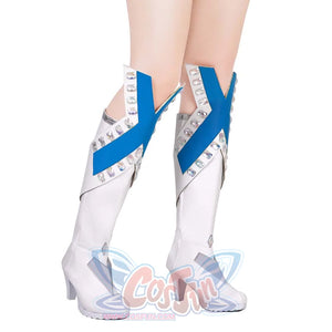 Side perspective of white high-heeled cosplay boots for Emma Frost, featuring blue “X” straps with crystals and silver accents, showcasing the design from an angle.