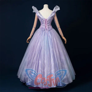 Movie witch gelinda cosplay costume, sparkling blue and purple outfit, back view highlighting beautiful bow tie design and bold open back design.