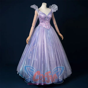Movie witch gelinda cosplay costume, sparkling blue and purple outfit, left side view showing waist-hugging design.