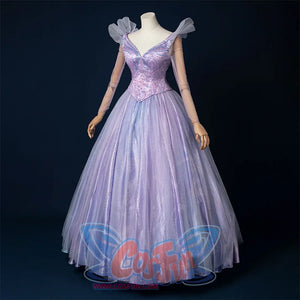 Movie witch gelinda cosplay costume, sparkling blue and purple outfit, right side view showing waist-hugging design.