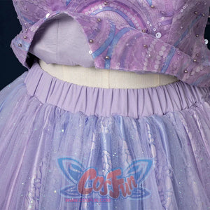 Movie witch gelinda cosplay costume, sparkling blue and purple outfit, skirt view showing elastic waistband for easier wearing and taking off.