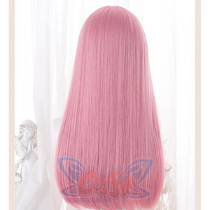 Back view of women pink long straight wig showing smooth silky hair texture and full length - soft girl cosplay wig
