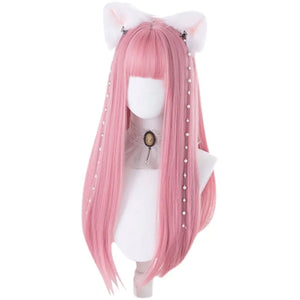 Women soft girl pink long straight wig with bangs and cat ear accessory on mannequin - anime cosplay hair