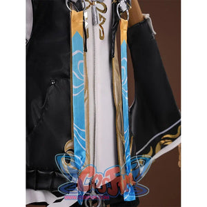 Wuthering Waves Buling Cosplay costume has a ribbon on each side of the collar, mainly blue and yellow.