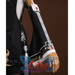 The top of the sleeve has a white fold-over collar with a small red label, there is a circle of gold on the cuffs.