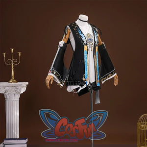 The jacket of Buling is black, with narrow sleeves at the top and wide sleeves at the bottom, the cuffs and collar of the jacket have delicate patterns and decorations, it is paired with a white lining, the details of the clothing include ribbons, tassels and pendants, there are bows on both shoulders.