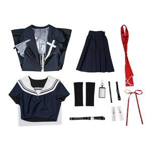 Wuthering Waves Chisaki Cosplay Costume, includes Jacket, sailor uniform, calf socks, right leg strap, belt, choker, sailor scarf, headpiece, tattoo Sticker.