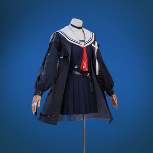 Wuthering Waves Chisaki Cosplay Costume, black jacket and navy sailor uniform with red sailor scarf.