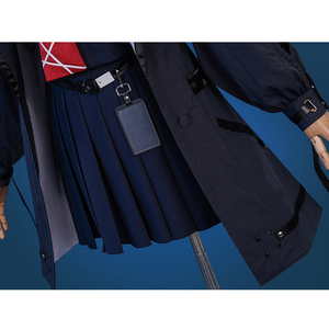 Wuthering Waves Chisaki Cosplay Costume, navy skirt with black PU leather belt, side view.