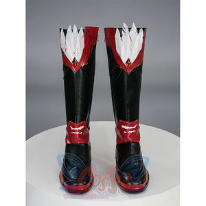 Cristoforo cosplay shoes front view featuring black boots with red accents and white feather details
