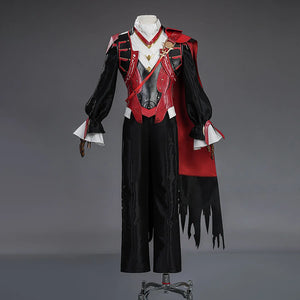 Full Cristoforo cosplay costume with red and black outfit, dramatic cape, white collar and cuffs, elegant gaming character attire