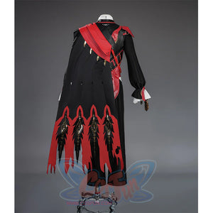 Cristoforo cosplay costume back view with red cape and flame pattern details on black coat, full length rear display look