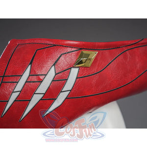 Cristoforo cosplay costume cap detail with silver teeth slashes on red leather, gold diamond emblem, black trim edges