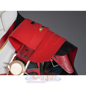 Cristoforo cosplay costume red cape cloak detail with layered design, metal buttons, gold accent clasp, shoulder piece view