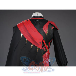 Cristoforo cosplay costume cloak back view with red diagonal straps, black coat, gold accents, shoulder design showcase