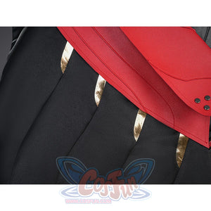 Cristoforo cosplay costume cloak golden decoration with red leather overlay, metal studs, black coat, elegant trim design