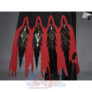Cristoforo cosplay costume cloak hem with red black flame patterns, gold silver ornate details, dramatic layered design