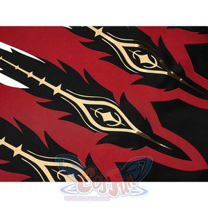 Cristoforo cosplay costume cloak hem detail closeup with gold ornate symbols on black, red flame edges, intricate pattern