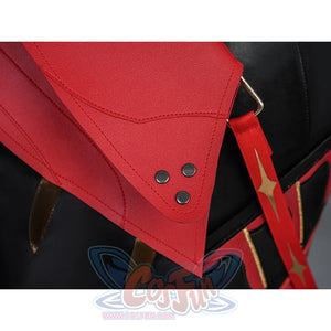 Cristoforo cosplay costume cloak metal clasp decoration with red panels, silver studs, gold lightning design closeup