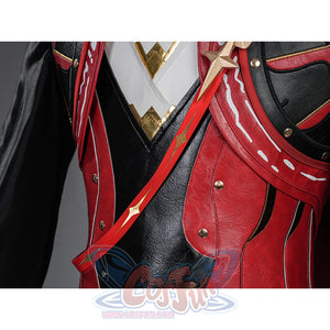 Cristoforo cosplay costume cloak strap detail with red leather belt, metal studs, white accent lines, chest attachment view