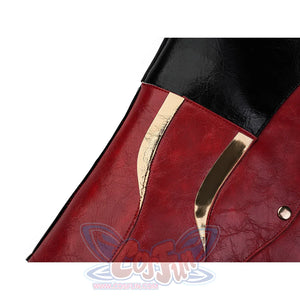 Cristoforo cosplay costume golden embellishment with red leather panel, curved gold metal strip, textured surface closeup