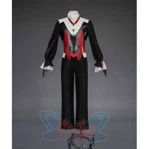 Cristoforo cosplay costume inner suit without cloak, red vest armor over black shirt and pants, white collar cuffs view