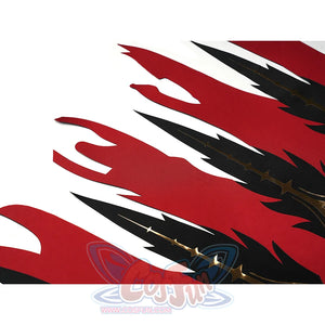 Cristoforo cosplay costume irregular hem with red black asymmetric flame cuts, white accents, gold stud details closeup
