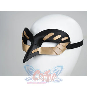Cristoforo cosplay costume mask accessory with black leather, gold accent stripes, cat-like nose, elastic band design