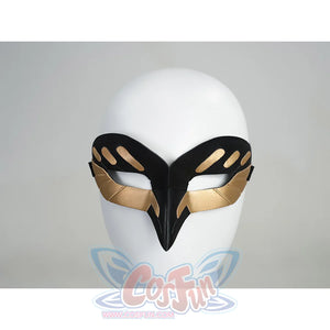 Cristoforo cosplay costume mask front view with black bird beak design, gold wing accents, eye openings, elegant style