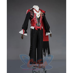 Cristoforo cosplay costume right side view showing red armor details, black sleeves and pants, white cuffs and cape