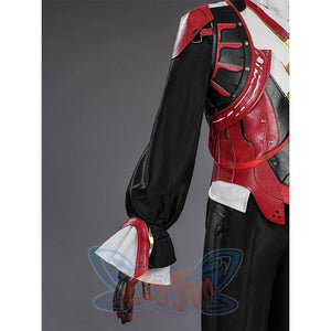 Cristoforo cosplay costume black sleeves with white cuffs, red shoulder armor piece, flowing fabric, detailed arm design