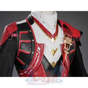 Cristoforo cosplay costume chest armor detail with red black leather pieces, shoulder straps, white front, gold V-emblem