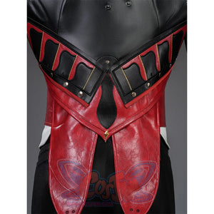 Cristoforo cosplay costume top back waist with red leather panels, black geometric trim, gold V-center, metal studs accent