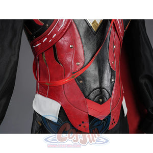 Cristoforo cosplay costume top waist area with red black geometric panels, white cuffs, metal studs, intricate detailing