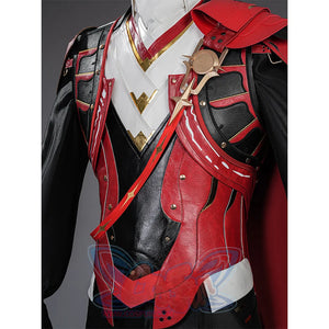 Cristoforo cosplay costume upper body close-up with red black armor details, gold accents, white collar and chest piece view