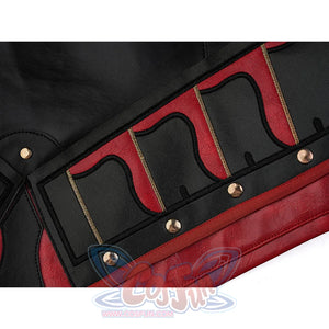 Cristoforo cosplay costume vest armor detail with red black wavy panels, gold trim, bronze studs, intricate geometric cuts