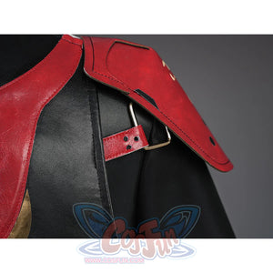Cristoforo cosplay costume vest shoulder detail with red leather straps, black body, gold clasp buckle, metal studs accent