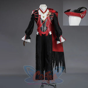 Cristoforo cosplay costume with cap displayed showing full outfit and hat accessory, white collar, red vest, black outfit