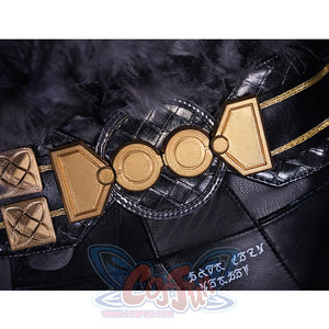 Wuthering Waves Gabrielle Cosplay Costume, black PU leather belt with gold belt buckle, back view.