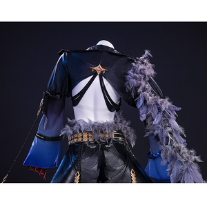 Wuthering Waves Gabrielle Cosplay Costume, black and deep blue outfit with gray feather decorations, back view.