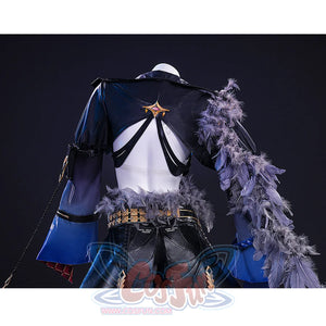 Wuthering Waves Gabrielle Cosplay Costume, black and deep blue outfit with gray feather decorations, back view.